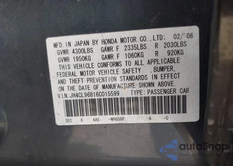 2006 Acura Tsx from USA, damaged, VIN JH4CL96816C015599